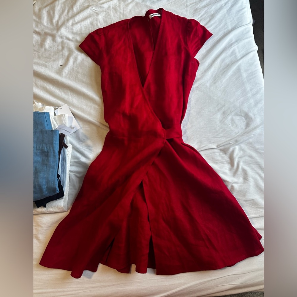 Reformation Rodin Linen Red Wrap Dress